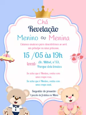Convite Chá Revelação Ursinhos Realeza para Editar Online