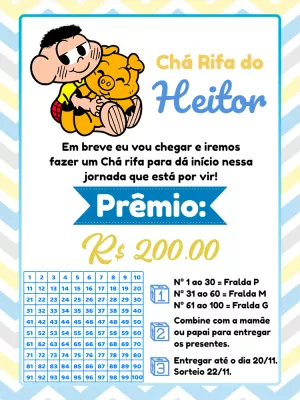 Convite Chá Rifa Cascão Turma da Mônica Editável Online
