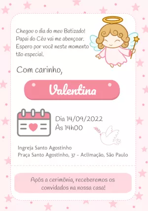 Convite de Batizado Menina Anjinha Rosa para Editar Online