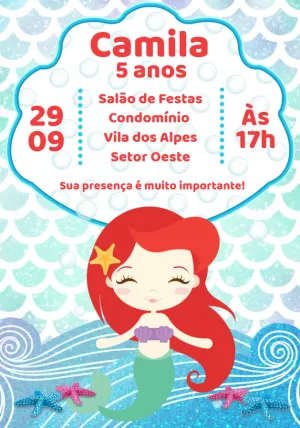 Convite de Aniversário Sereia Fofa para Editar Online