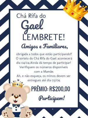 Convite Chá Rifa Ursinho Príncipe para Editar Online