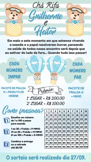 Convite Chá Rifa Ursinho Baloeiro Azul para Editar Online