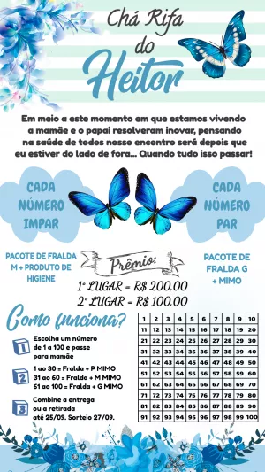 Convite Chá Rifa Borboletas Azul para Editar Online