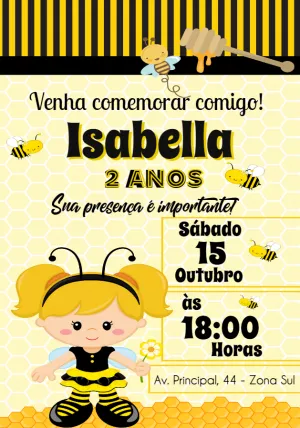 Convite de Aniversário Abelhinha Menina para Editar Online
