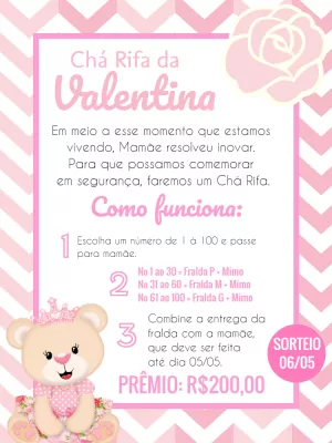 Convite Chá Rifa Ursinha Princesa para Editar Online
