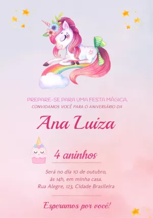 Convite de Aniversário Unicórnio Mágico para Editar Online