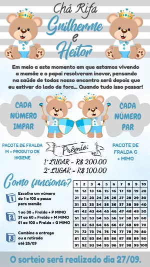 Convite Chá Rifa Ursinho Príncipe Azul Editável Online