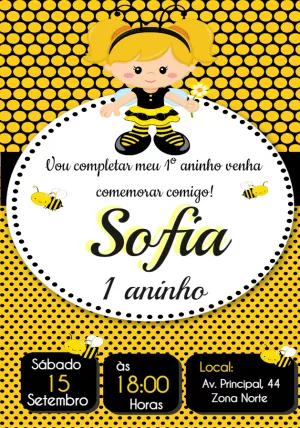 Convite Aniversário Abelhinha Menina para Editar Online