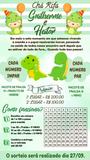 Convite Chá Rifa Dinossauro Baby Fofo para Editar Online
