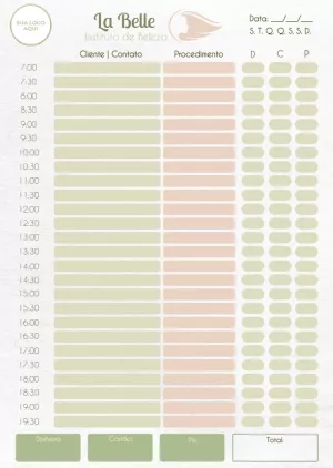 Agenda Diária para Salão de Beleza para Editar e Imprimir