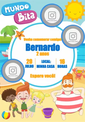 Convite Aniversário Mundo Bita Praia com Foto para Editar Online