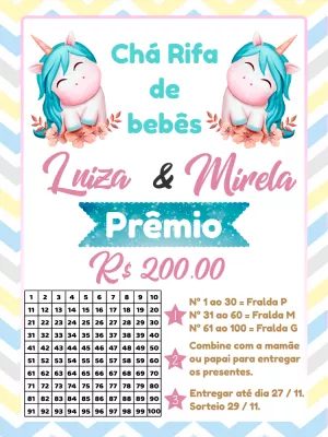 Convite Chá Rifa Gêmeas Unicórnio para Editar Online