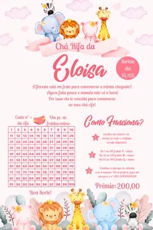 Convite Chá Rifa Safari Menina com Animais Fofos para Editar