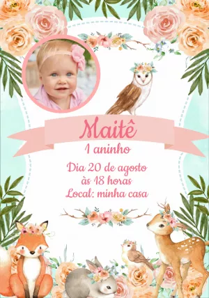 Convite Aniversário Bosque Encantado com Foto para Editar