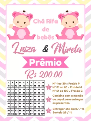 Chá Rifa de Gêmeas Ursinha Rosa Editável Online para Imprimir