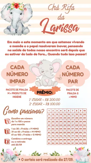 Convite Chá Rifa Elefantinha Aquarela para Editar Online