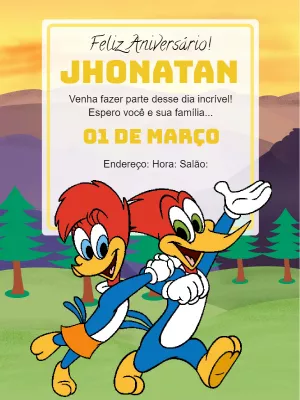 Convite de Aniversário Pica Pau Editável para Imprimir