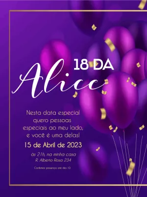 Convite de Aniversário Roxo com Balões Dourados para Editar