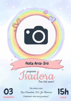 Convite Aniversário Arco-Íris com Foto para Editar Online