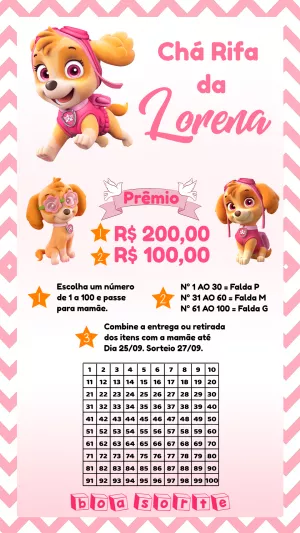 Convite Chá Rifa Skye Patrulha Canina Editável Online