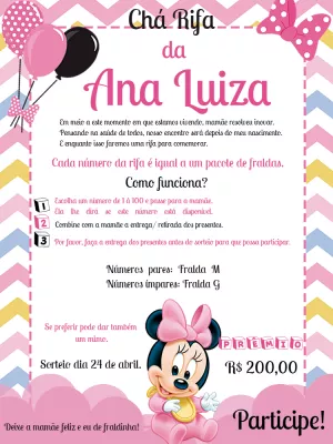 Convite Chá Rifa Minnie Baby Rosa para Editar Online