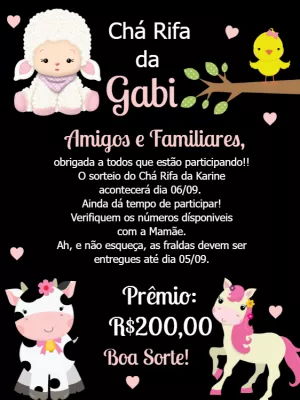 Convite Chá Rifa Fazendinha com Animais Editável Online