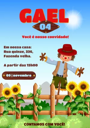 Convite Aniversário Espantalho Fazendinha para Editar Online