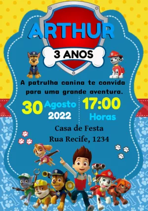 Convite Aniversário Patrulha Canina com Personagens para Editar