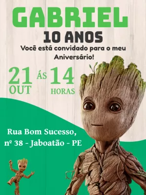 Convite Aniversário Groot Guardiões da Galáxia Editável