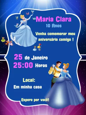 Convite de Aniversário Cinderela para Editar Online