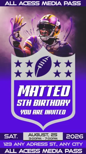 American Football Birthday Invitation Justin Jefferson Vikings 