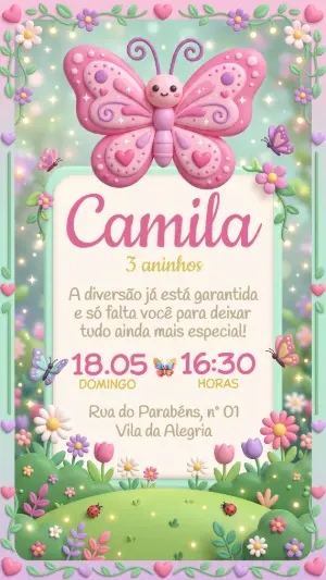 Convite de Aniversário Jardim das Borboletas 3D Editável