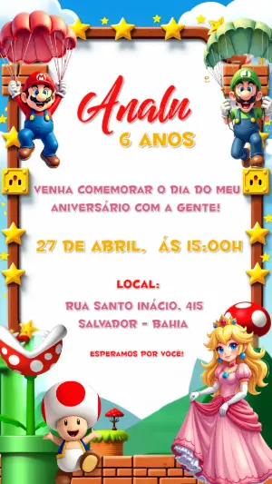 Convite de Aniversário Super Mario e Turma para Editar Online