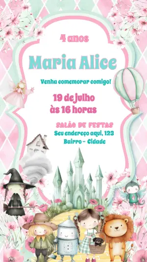 Convite de Aniversário Mágico de Oz Candy Color Editável