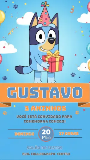 Convite de Aniversário Bluey Infantil Colorido para Editar