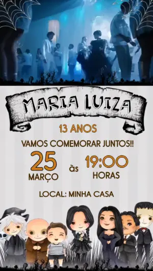 Convite Animado Aniversário Wandinha Addams para Editar Online