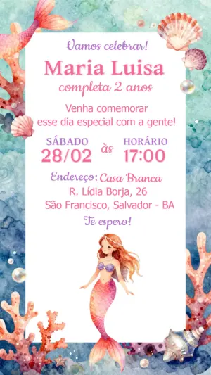 Convite de Aniversário Sereia Aquarela para Editar Online
