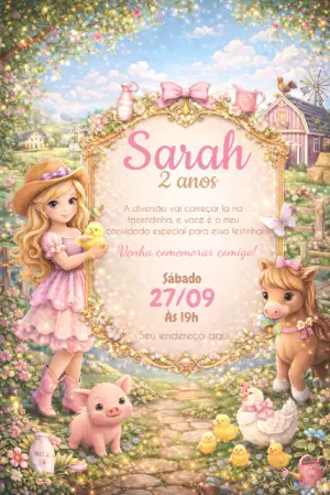 Convite Digital Fazendinha Encantada Rosa Modelo Editável