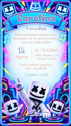 Convite de Aniversário Marshmello Neon Editável