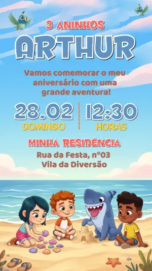 Convite de Aniversário Tubarão na Praia Modelo Editável