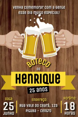 Convite de Aniversário Tema Boteco com Cerveja para Editar Online