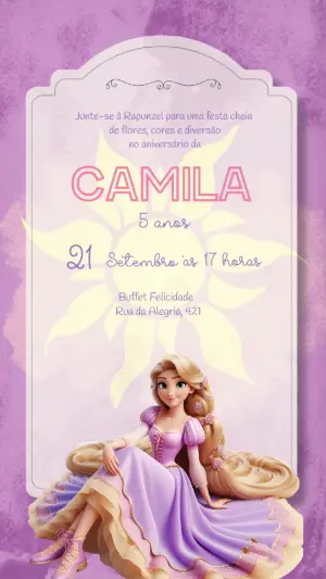 Convite Editável de Aniversário com Tema Rapunzel