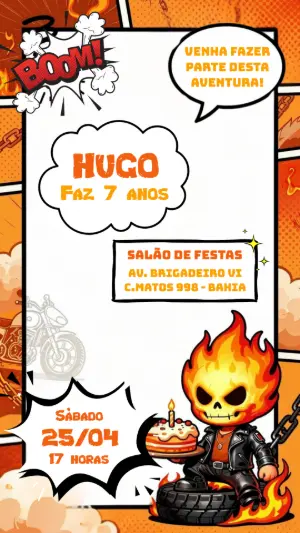 Convite de Aniversário Motoqueiro Fantasma em Quadrinhos Editável