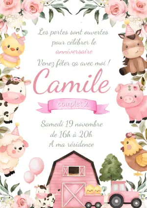 Invitation Anniversaire Thème Ferme Rose à Modifier en Ligne