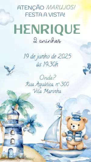 Convite Aniversário Ursinho Marinheiro para Editar Online