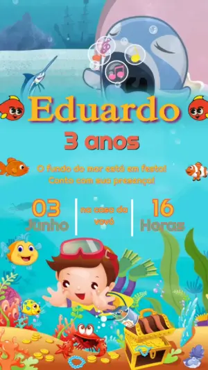 Convite Animado Aniversário Fundo do Mar para Editar Online