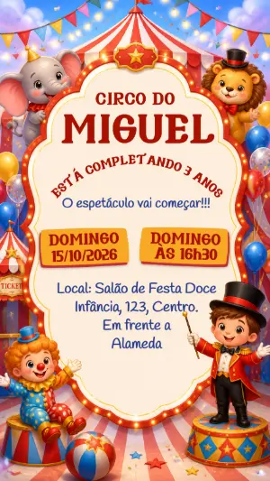 Convite de Aniversário Circo Infantil Colorido para Editar