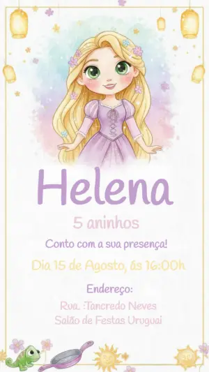 Convite de Aniversário Rapunzel Aquarela para Editar