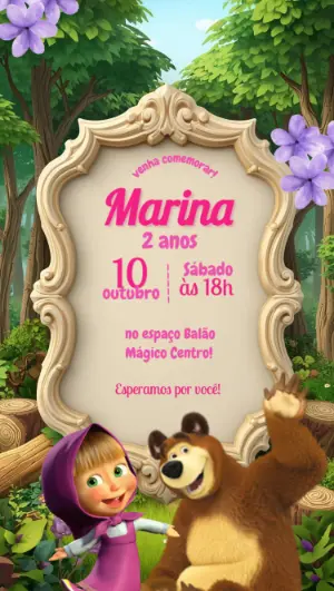 Convite de Aniversário Masha e o Urso Editável para Menina