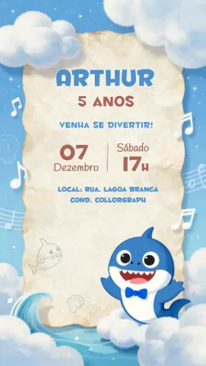 Convite de Aniversário Baby Shark Azul Modelo Editável